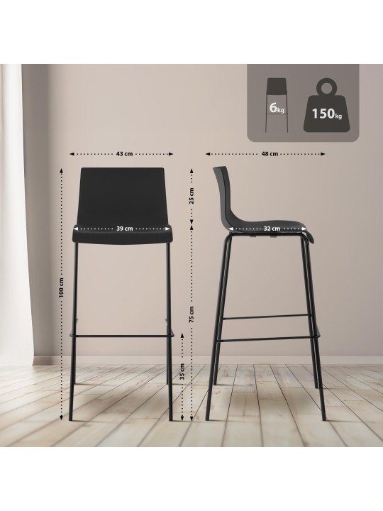 Set de 2 scaune de bar Hoover din plastic cadru de 4 picioare, negru Set de 2 scaune de bar Hoover din plastic cadru de 4 picioare, negru
