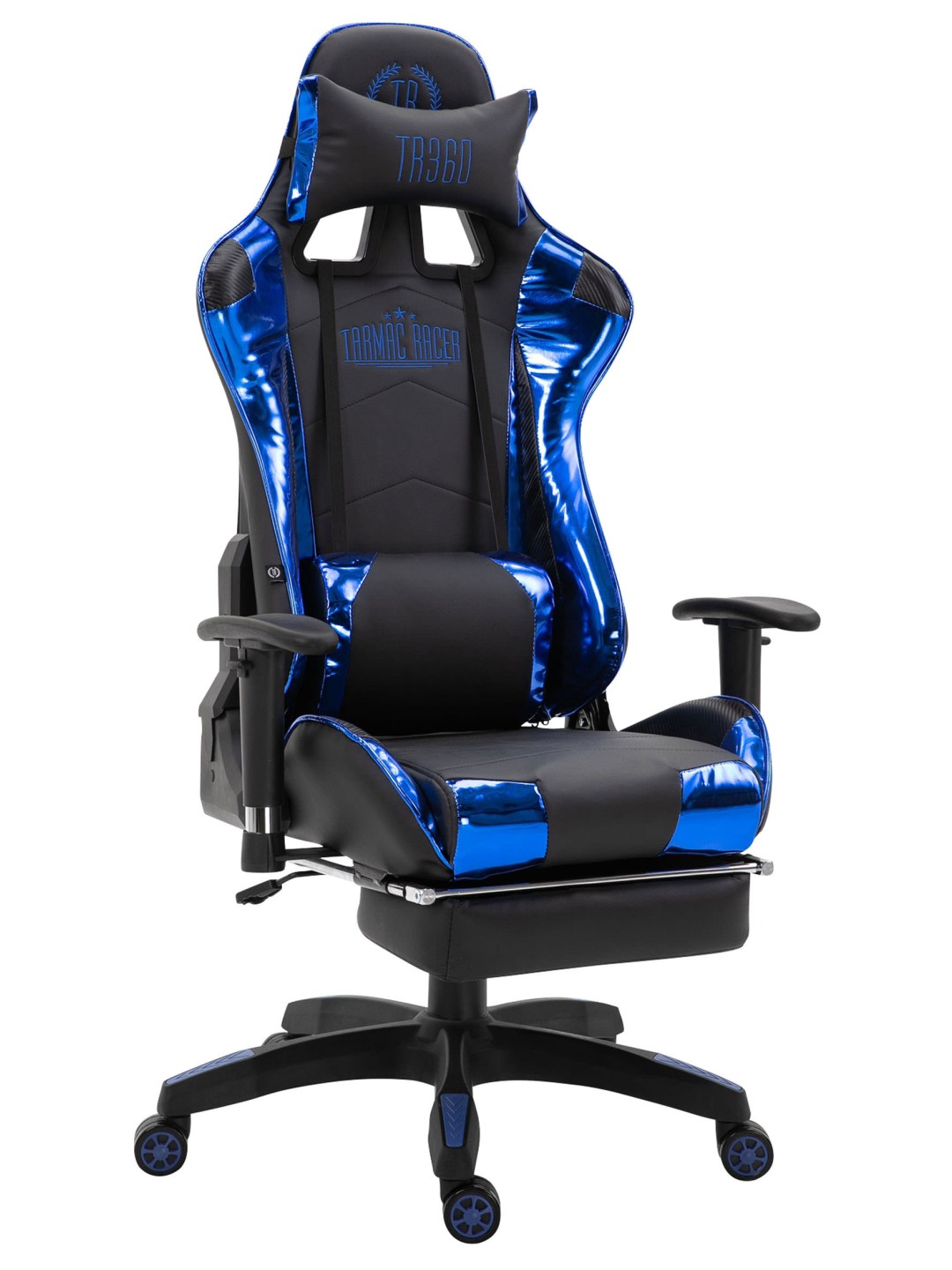 Scaun de birou Racing Turbo cu suport pentru picioare lucios, negru/albastru