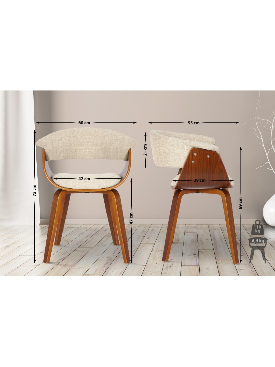 Set 2 scaune Bruce material, nuc/crem