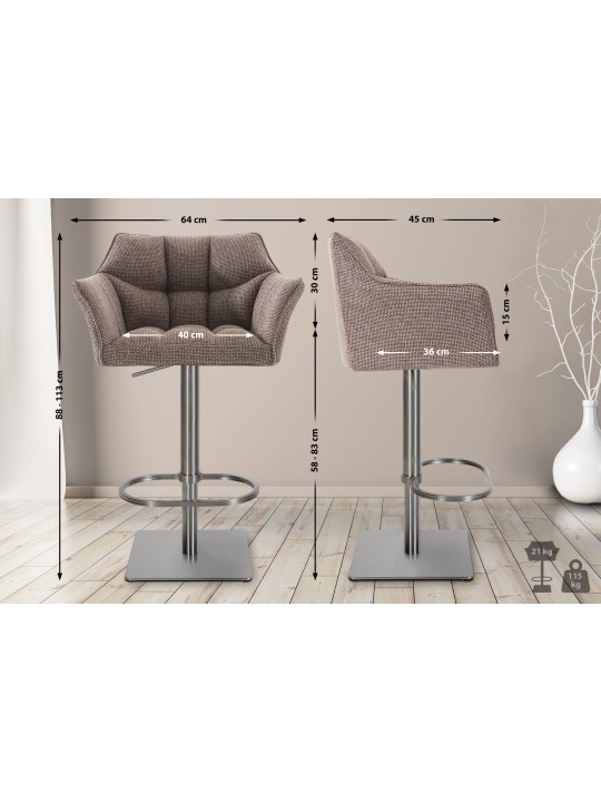 Set 2 taburete de bar tesatura Damaso inox, maro pământiu
