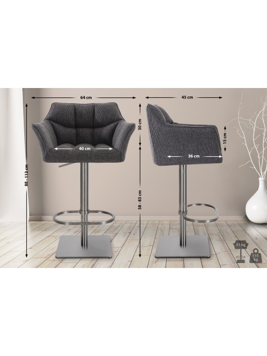 Set 2 taburete de bar tesatura Damaso inox, gri titan