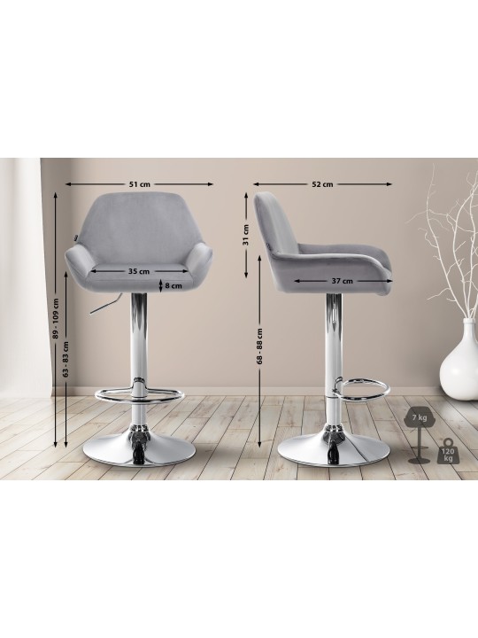 Set 2 scaune de bar Braga catifea crom, gri