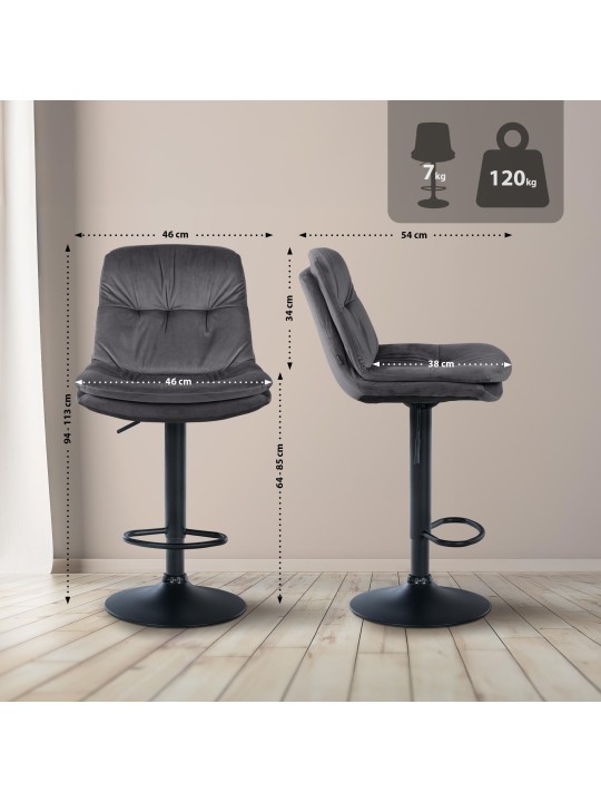 Scaun de bar catifea dafin, gri închis