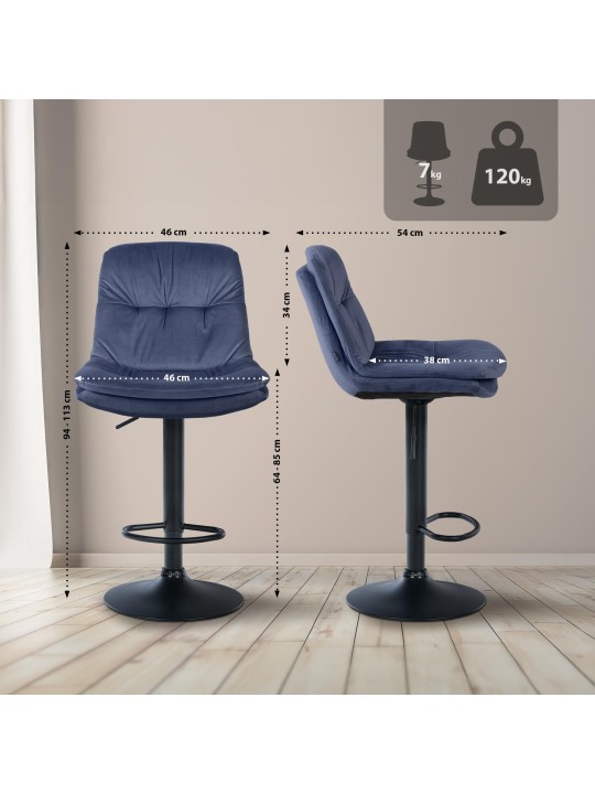 Scaun de bar catifea dafin, albastru