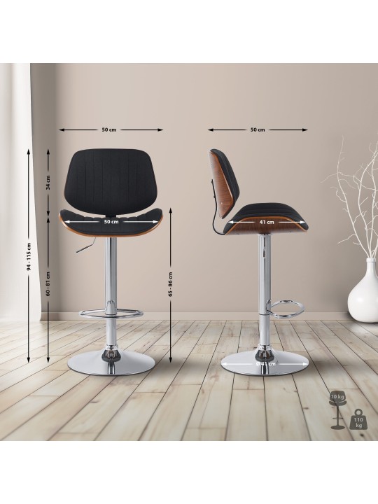 Set 2 scaune de bar Clawson stofa crom, nuc/negru