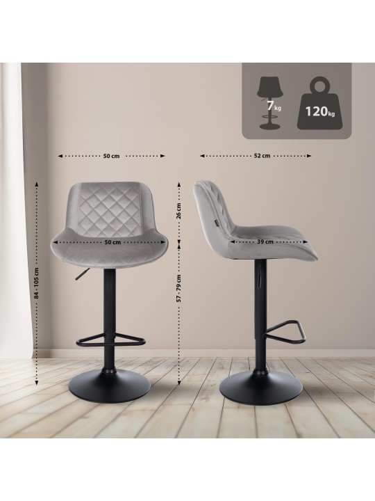 Set 2 scaune de bar Kasson catifea, gri