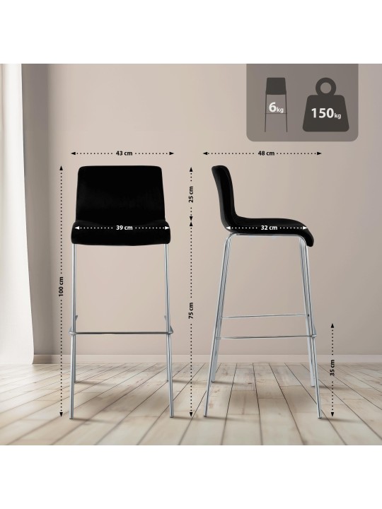 Scaun de bar Hoover catifea 4 picioare cromat, negru Scaun de bar Hoover catifea 4 picioare cromat, negru