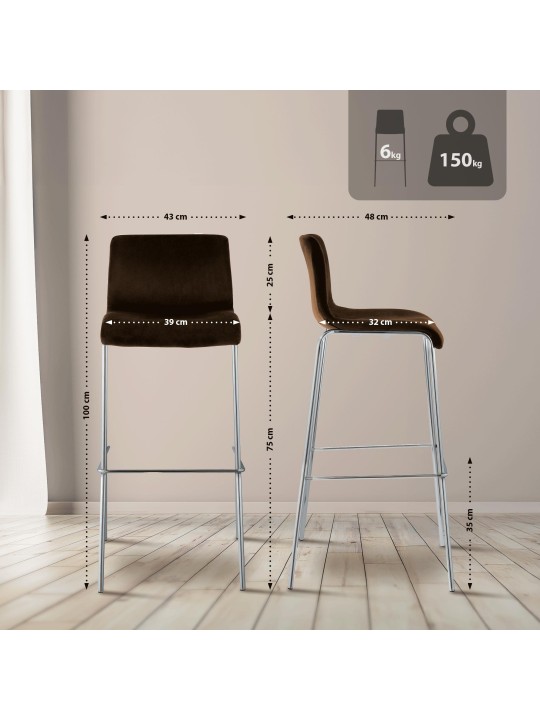 Scaun de bar Hoover catifea 4 picioare cromat, maro Scaun de bar Hoover catifea 4 picioare cromat, maro