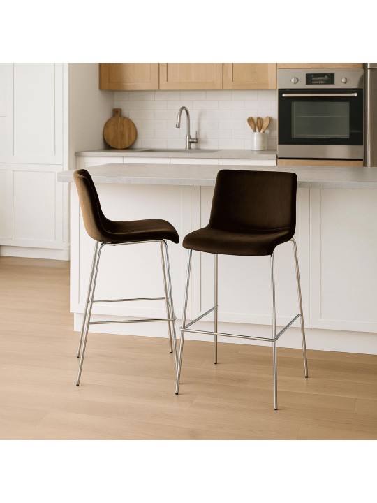Scaun de bar Hoover catifea 4 picioare cromat, maro Scaun de bar Hoover catifea 4 picioare cromat, maro