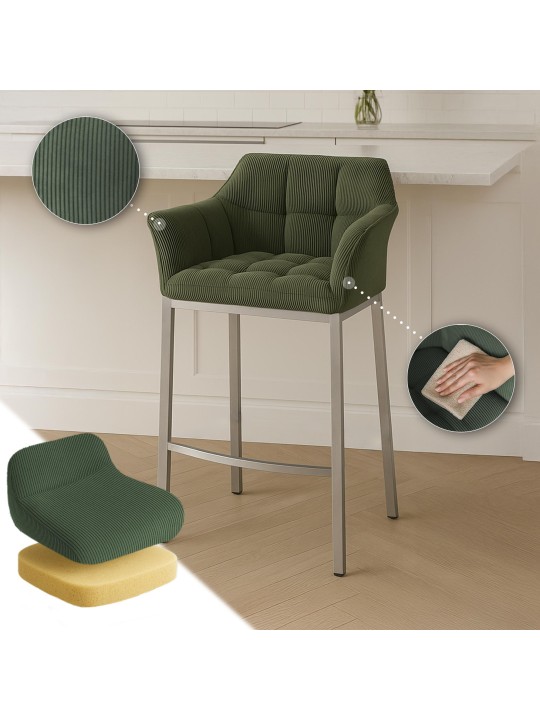 Scaun de bar Damaso E Cord cu cadru de 4 picioare, verde Scaun de bar Damaso E Cord cu cadru de 4 picioare, verde