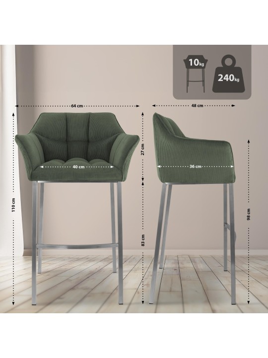 Scaun de bar Damaso E Cord cu cadru de 4 picioare, verde Scaun de bar Damaso E Cord cu cadru de 4 picioare, verde