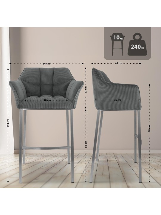 Scaun de bar Damaso E Cord cu cadru de 4 picioare, gri Scaun de bar Damaso E Cord cu cadru de 4 picioare, gri