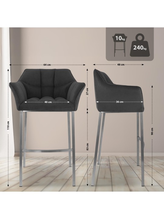 Scaun de bar Damaso E Cord cu cadru de 4 picioare, gri închis