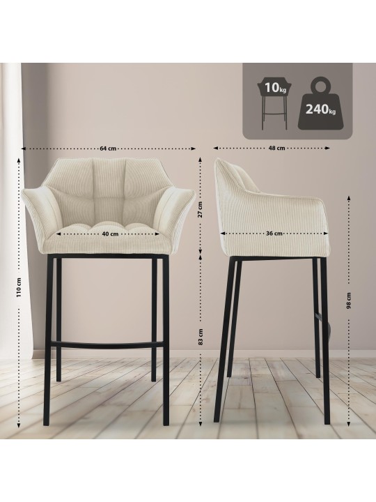 Scaun de bar Damaso B Cord cu cadru de 4 picioare, crem