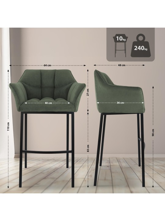 Scaun de bar Damaso B Cord cu cadru de 4 picioare, verde