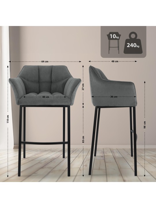 Scaun de bar Damaso B Cord cu cadru de 4 picioare, gri