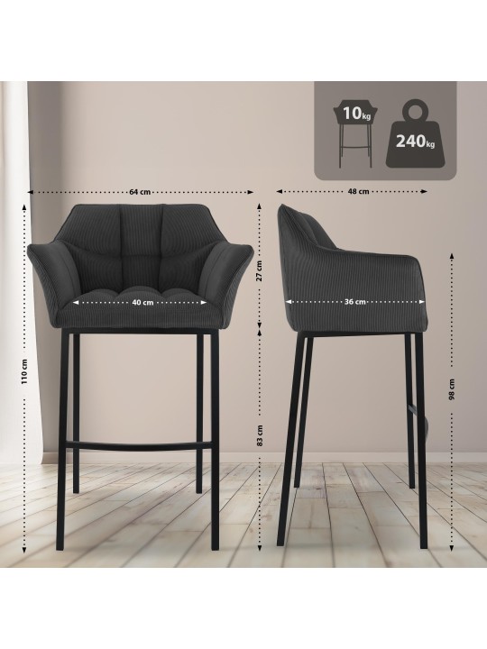 Scaun de bar Damaso B Cord cu cadru de 4 picioare, gri închis