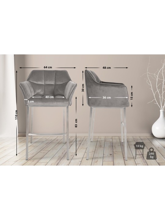 Scaun de bar Damaso E catifea cu cadru de 4 picioare, gri